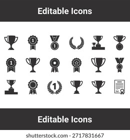 Conjunto de iconos de trofeo con símbolos de premio, medalla y corona de laurel para la victoria y el logro del éxito.
