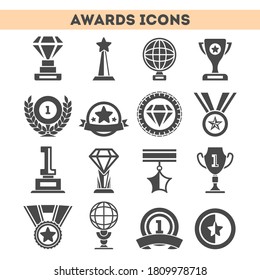 Trophy icon set. Isolated flat sport prize cup, laurel wreath, diamond, star, globe, medal icon collection. Winner award trophy design. Victory achievement success symbol vector illustration