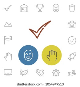 Trophy icon with smile face, warehouse and smart tv symbols. Set of select, hand money, home icons and check concept. Editable vector elements for logo app UI design.