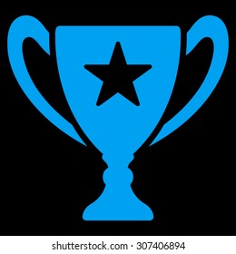 Trophy icon. Vector style is flat symbols, blue color, rounded angles, black background.