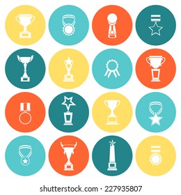 Trophy icons flat set of competition rewards winner prizes isolated vector illustration