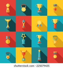 Trophy icons flat set of medallion success award winner medal isolated vector illustration