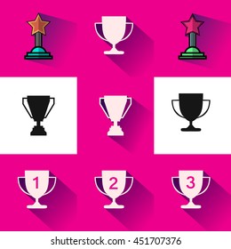 Trophy icons flat set of medallion success award winner medal, vector illustration