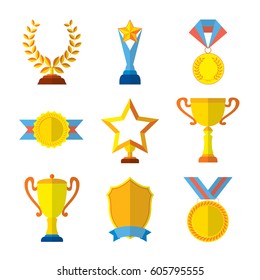 Trophy icons flat set of medallion success award winner medal isolated vector illustration. Collection of shields, medals, stars for your design.