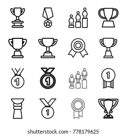 Trophy icons. set of 16 editable outline trophy icons such as ranking, trophy, medal, number 1 medal