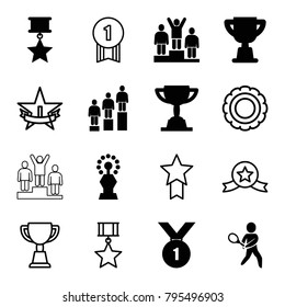 Trophy icons. set of 16 editable filled and outline trophy icons such as tennis playing, trophy, number 1 medal, medal with star, award, 1st place star