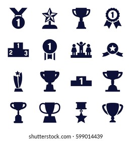 trophy icons set. Set of 16 trophy filled icons such as ranking, number 1 medal, medal with star