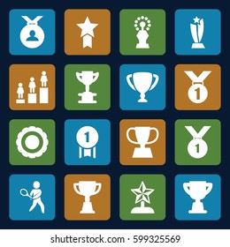 trophy icons set. Set of 16 trophy filled icons such as medal, ranking, tennis playing, award, number 1 medal