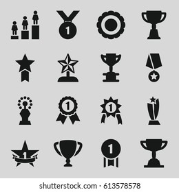 Trophy icons set. set of 16 trophy filled icons such as ranking, 1st place star, award, number 1 medal