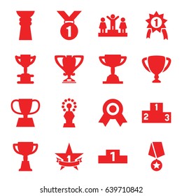 Trophy icons set. set of 16 trophy filled icons such as ranking, trophy, 1st place star, number 1 medal, medal with star