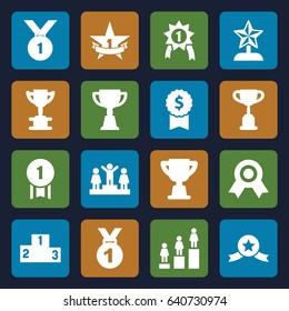 Trophy icons set. set of 16 trophy filled icons such as ranking, 1st place star, number 1 medal, medal with star, medal