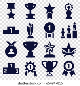 Trophy icons set. set of 16 trophy filled icons such as medal, ranking, 1st place star, number 1 medal
