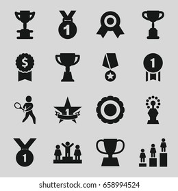 Trophy icons set. set of 16 trophy filled icons such as ranking, trophy, tennis playing, 1st place star, award, number 1 medal, medal with star, medal