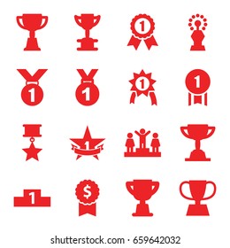 Trophy icons set. set of 16 trophy filled icons such as ranking, trophy, 1st place star, number 1 medal, medal with star, medal