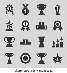 Trophy icons set. set of 16 trophy filled icons such as ranking, 1st place star, award, number 1 medal