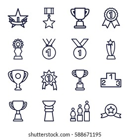 trophy icons set. Set of 16 trophy outline icons such as ranking, trophy, 1st place star, medal, number 1 medal