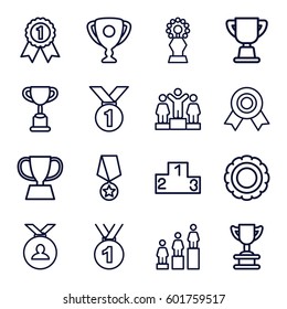 trophy icons set. Set of 16 trophy outline icons such as ranking, medal, trophy, number 1 medal, medal with star