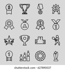 Trophy icons set. set of 16 trophy outline icons such as medal, ranking, tennis playing, trophy, 1st place star, number 1 medal, medal with star, dollar award