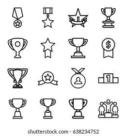 Trophy icons set. set of 16 trophy outline icons such as ranking, medal, trophy, 1st place star, medal with star