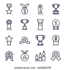 Trophy icons set. set of 16 trophy outline icons such as medal, ranking, trophy, number 1 medal, medal with star