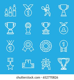 Trophy icons set. set of 16 trophy outline icons such as medal, ranking, trophy, tennis playing, number 1 medal, medal with star