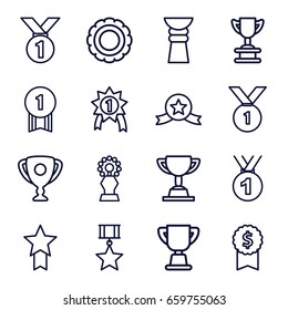 Trophy icons set. set of 16 trophy outline icons such as trophy, medal, number 1 medal, medal with star, dollar award