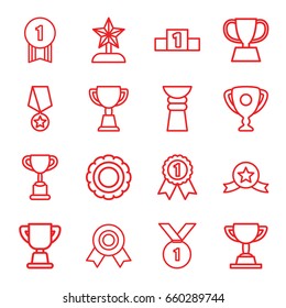 Trophy icons set. set of 16 trophy outline icons such as ranking, number 1 medal, medal with star, medal