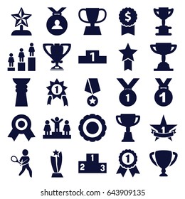 Trophy icons set. set of 25 trophy filled icons such as ranking, medal, tennis playing, 1st place star, award, number 1 medal, medal with star