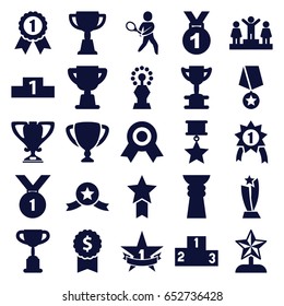Trophy icons set. set of 25 trophy filled icons such as ranking, tennis playing, 1st place star, number 1 medal, medal with star, medal