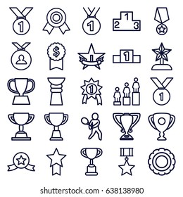 Trophy icons set. set of 25 trophy outline icons such as medal, ranking, tennis playing, 1st place star, number 1 medal, medal with star, dollar award