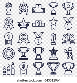Trophy icons set. set of 25 trophy outline icons such as ranking, tennis playing, 1st place star, number 1 medal, medal with star, dollar award, medal