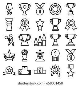 Trophy icons set. set of 25 trophy outline icons such as ranking, tennis playing, 1st place star, number 1 medal, medal with star, medal