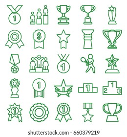 Trophy icons set. set of 25 trophy outline icons such as ranking, tennis playing, 1st place star, medal, number 1 medal, medal with star, dollar award