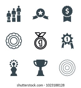 Trophy icons. set of 9 editable filled and outline trophy icons such as trophy, dollar award, number 1 medal, medal with star, award, ranking