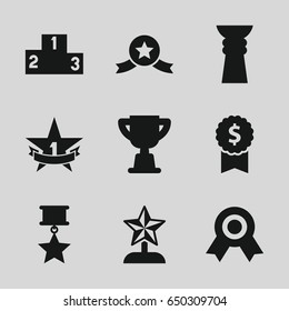 Trophy icons set. set of 9 trophy filled icons such as 1st place star, ranking, medal with star, dollar award