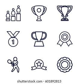 trophy icons set. Set of 9 trophy outline icons such as ranking, tennis playing, trophy, number 1 medal, medal with star, medal