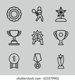 Trophy icons set. set of 9 trophy outline icons such as tennis playing, number 1 medal, medal with star