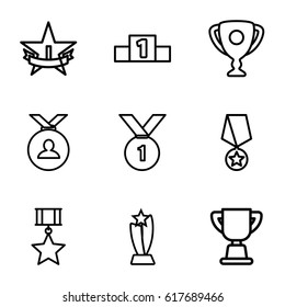 Trophy icons set. set of 9 trophy outline icons such as medal, ranking, trophy, 1st place star, number 1 medal