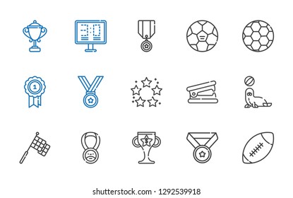 trophy icons set. Collection of trophy with american football, medal, racing, seal, stapler remover, best, football, scoreboard. Editable and scalable trophy icons.