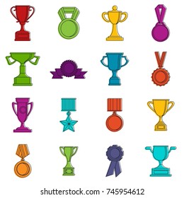 Trophy icons set. Doodle illustration of vector icons isolated on white background for any web design