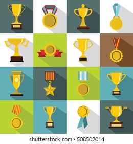 Trophy icons set. Flat illustration of 16 trophy vector icons for web