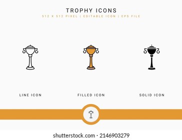 Los iconos de trofeo establecen la ilustración vectorial con estilo de línea de icono sólido. Concepto de premio ganador. Icono de trazo editable en fondo aislado para diseño web, interfaz de usuario y aplicación móvil