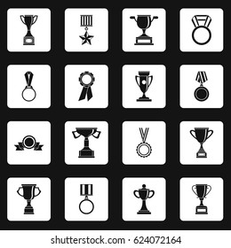 Trophy icons set in white squares on black background simple style vector illustration