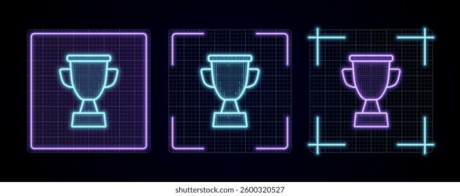Trophy illustration, cyber neon visual, glowing border grid vector.	