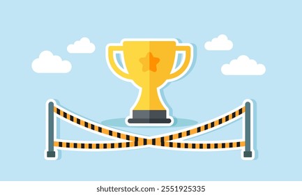 A trophy isolated and restricted by danger warning lines, illustration of a business award suspended due to indications of fraud