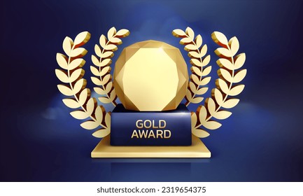 Trophy with laurel leaves, blank award. Gold 3d poster, tournament achievement, champion congratulation banner, quality metal pattern, sport sign, champion reward. Vector exact background