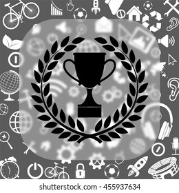 trophy in laurel wreath vector icon - matte glass button on background consisting of different icons