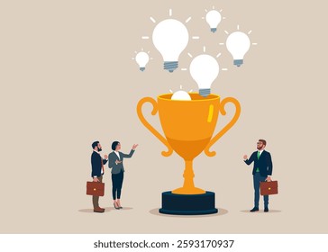 Trophy with light bulbs. Think big, aspiration to win and success in business. Modern vector illustration in flat style