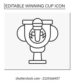  Trophy line icon. Best karaoke singer award. Golden prize for best duet. Winning cup concept. Isolated vector illustration. Editable stroke