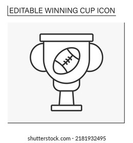 Trophy line icon. Golden prize for best winner in sport competition. American football or rugby championship. Winning cup concept. Isolated vector illustration. Editable stroke